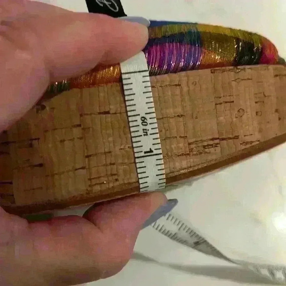 Stuart Weitzman plaid with gold cork wedge sling back peep toe shoes size 9M - Picture 6 of 8